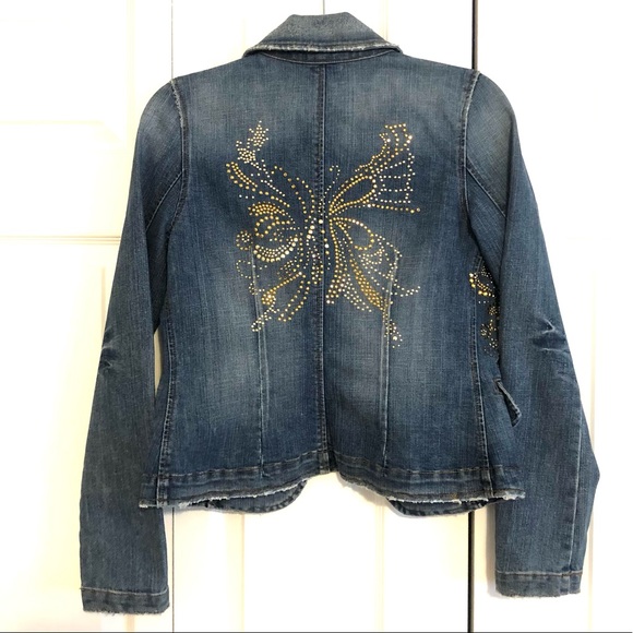 Blue Denim Distressed Gold Butterfly Jean Jacket by Marciano/Guess size Small - Picture 2 of 13